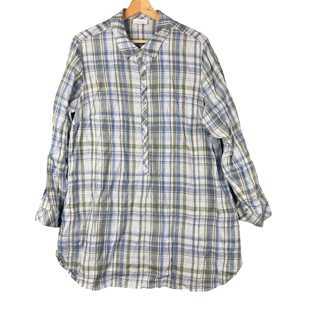 J. Jill Love Linen Plaid Tunic Shirt Womens 1X Blue Green Popover Long Sleeve